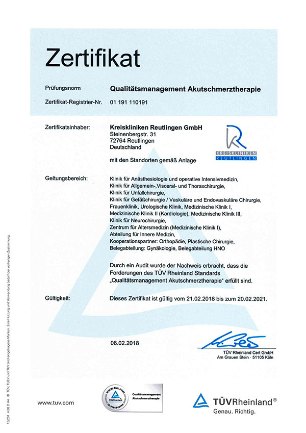 Zertifikat Qualitätsmanagement Akutschmerztherapie